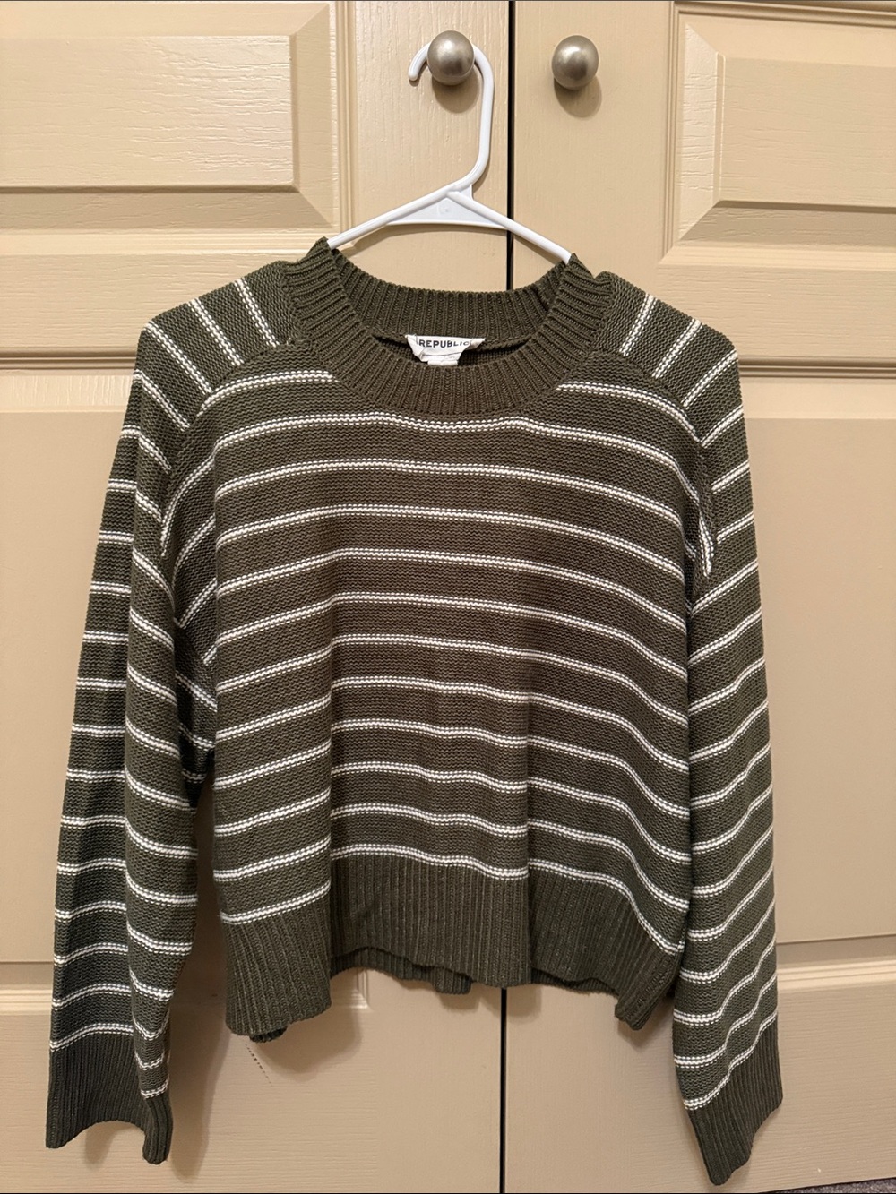 For The Republic Olive and White Striped Crewneck Sweater